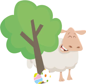 A sheep behind a tree with Easter Eggs