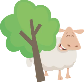 A sheep hiding behind a tree